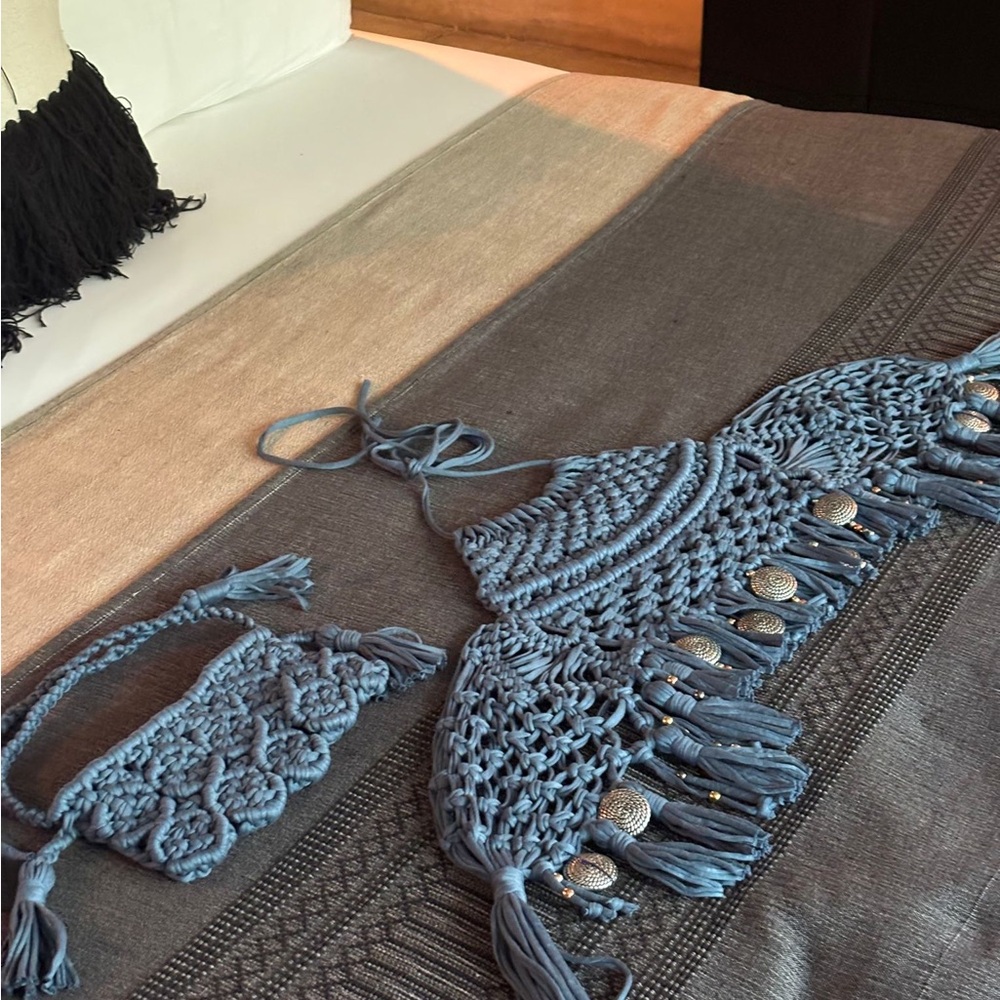 Hand Crafted Blue Macrame Crop Top with Matching Fanny Pack